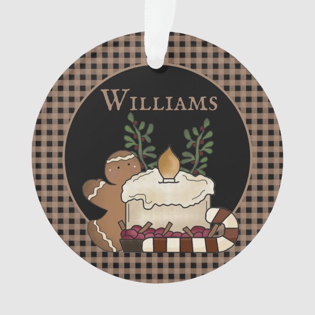 Primitive Country Candle & Goodies Name Christmas Ornament (Front)