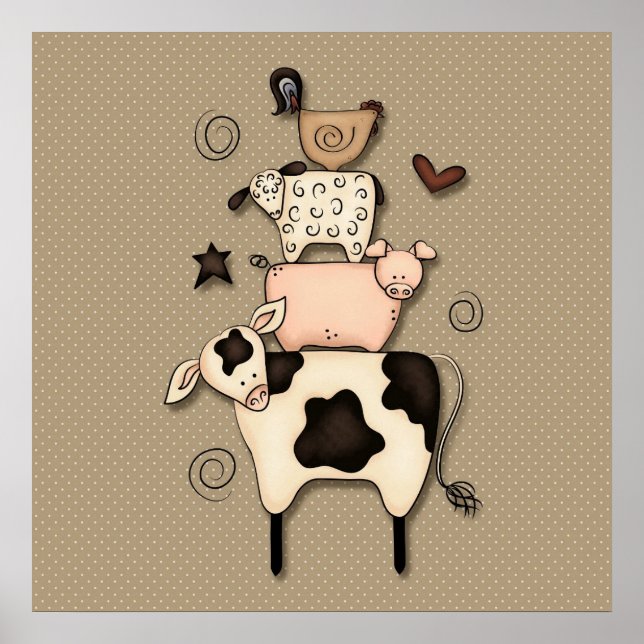 Primitive Country Cow, Sheep, Pig & Rooster Decor (Front)