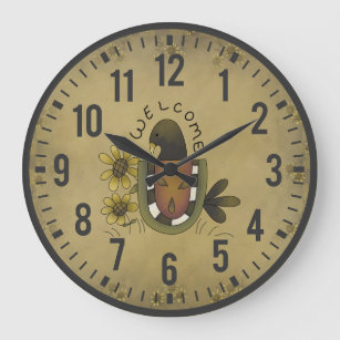 Primitive Country Crow and Sunflowers Rustic Clock