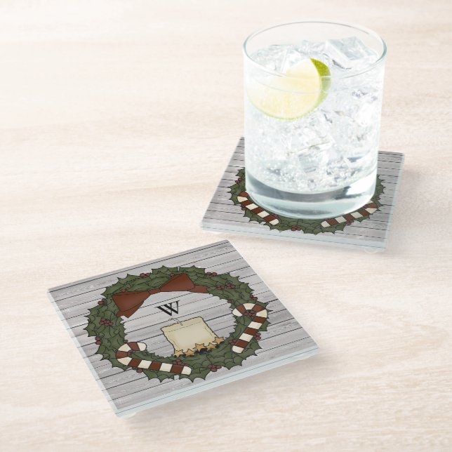 Primitive Country Farmhouse Holly Monogram Wreath  Glass Coaster (Angled)