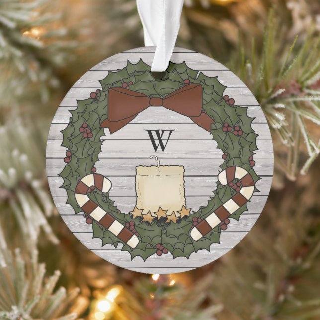 Primitive Country Farmhouse Holly Monogram Wreath  Ornament (Tree)