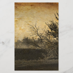 Primitive Country Field Fog Outdoors Winter Trees Stationery