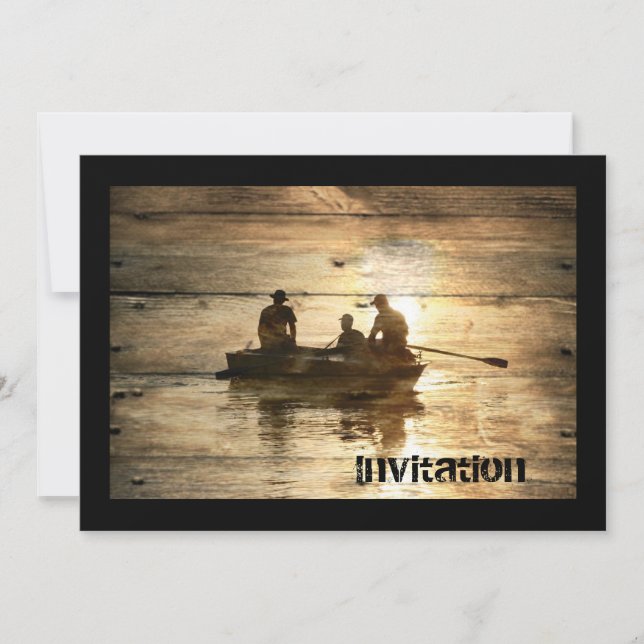 Primitive country lake boat canoe fishing invitation (Front)