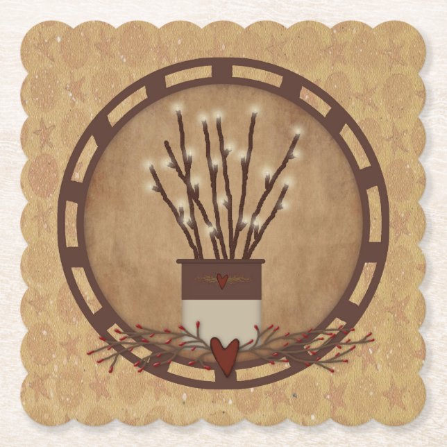 Primitive Country Lighted Branches Paper Coaster (Front)