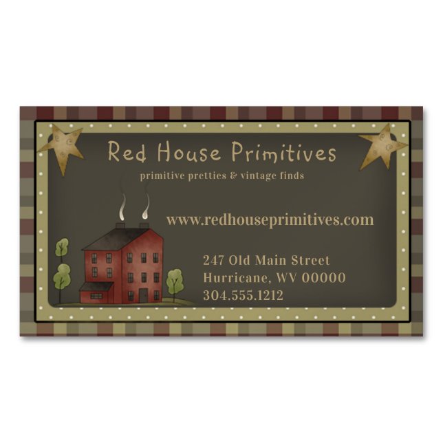 Primitive Country Red Saltbox House & Stars Magnetic Business Card (Front)