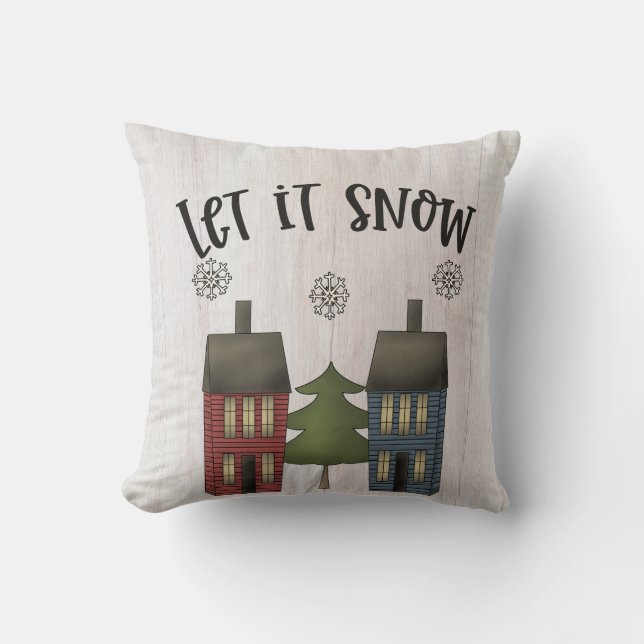 Primitive Country Saltbox Houses & Snowflakes Cushion (Front)