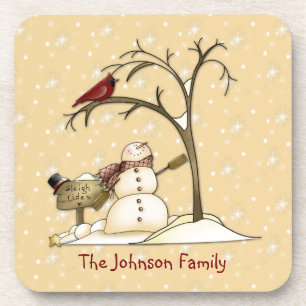 Primitive Country Snowman Red Bird Cork Coaster