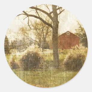 Primitive Country Tree Farm Red Cabin in the woods Classic Round Sticker