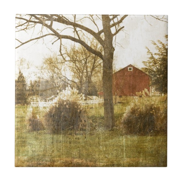 Primitive Country Tree Farm Red Cabin in the woods Tile (Front)