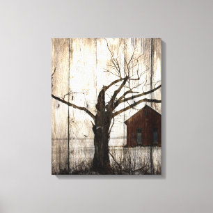Primitive Country Woodgrain Winter Tree Red Barn Canvas Print