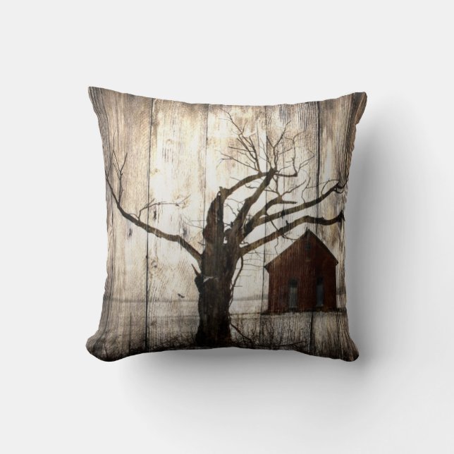 Primitive Country Woodgrain Winter Tree Red Barn Cushion (Front)