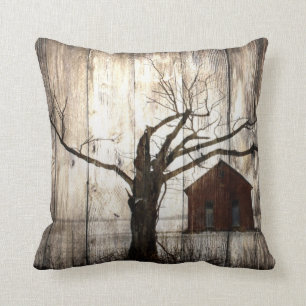 Primitive Country Woodgrain Winter Tree Red Barn Cushion