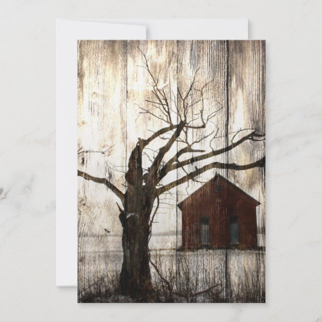 Primitive Country Woodgrain Winter Tree Red Barn Invitation (Front)