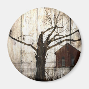 Primitive Country Woodgrain Winter Tree Red Barn Magnet