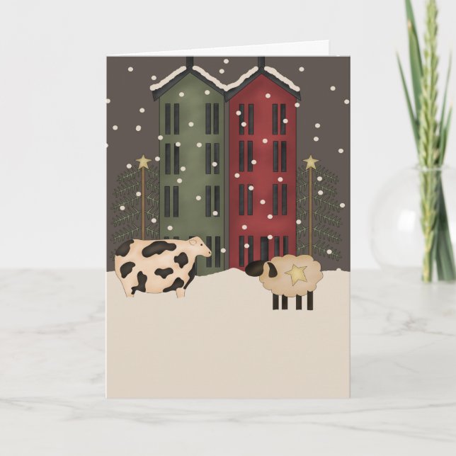 Primitive Cow & Sheep Christmas Card (Front)