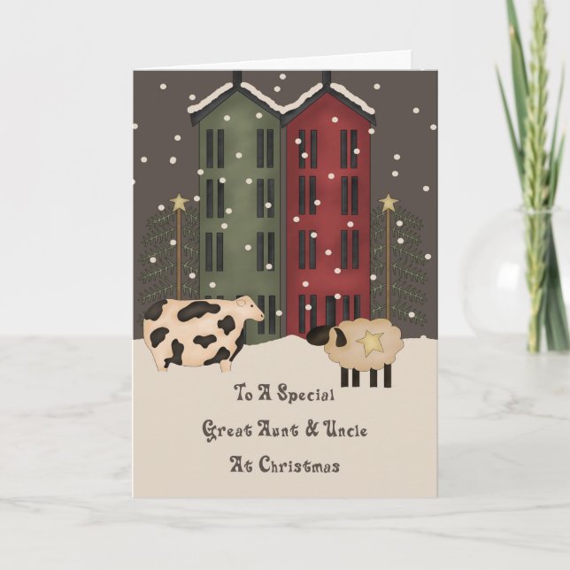 Primitive Cow & Sheep Great Aunt & Uncle Christmas Holiday Card (Front)