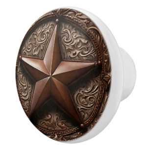 Primitive Cowboy Brown Country Western Texas Star  Ceramic Knob