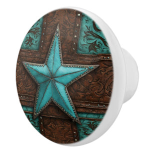 Primitive Cowboy Country Turquoise Western Star  Ceramic Knob