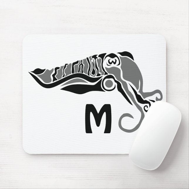 Primitive Cuttlefish in a Dark Stencil Style Mouse Mat (With Mouse)