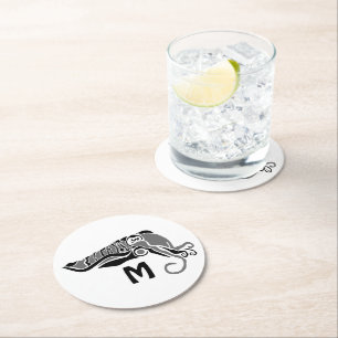 Primitive Cuttlefish in a Dark Stencil Style Round Paper Coaster