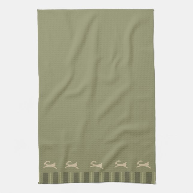 Primitive Easter Bunny Olive Green Tea Towel (Vertical)