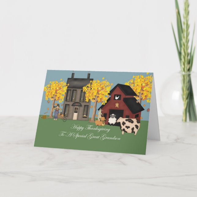 Primitive Farm Great Grandson Thanksgiving Holiday Card (Front)