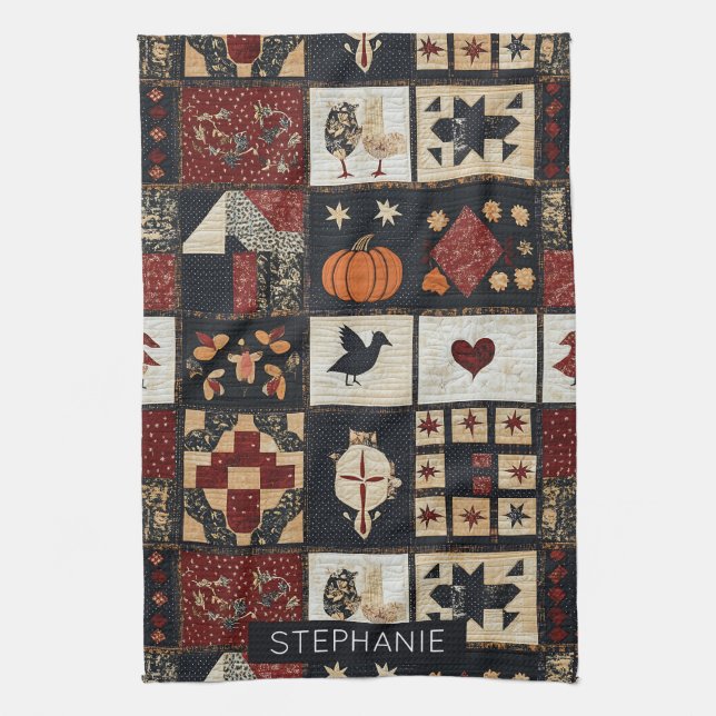 Primitive Farmhouse Appliqué & Geometric Tea Towel (Vertical)