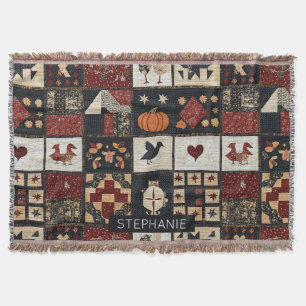 Primitive Farmhouse Appliqué & Geometric Throw Blanket
