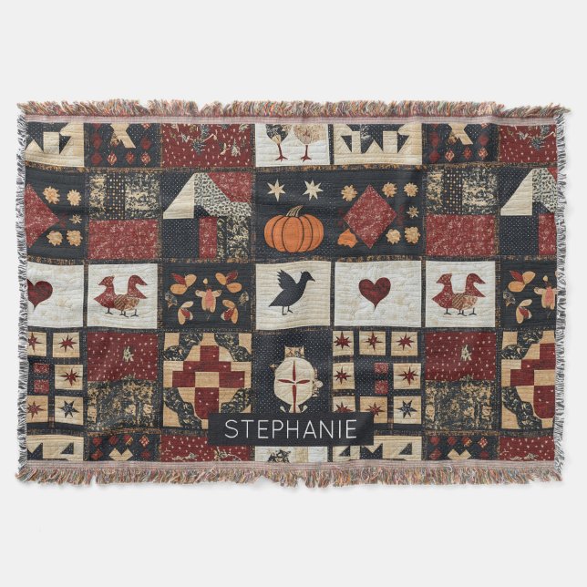 Primitive Farmhouse Appliqué & Geometric Throw Blanket (Front)