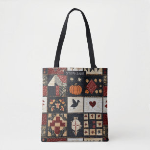 Primitive Farmhouse Appliqué & Geometric Tote Bag