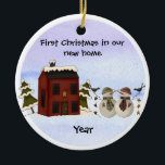 Primitive - First Christmas in our New Home Ceramic Tree Decoration<br><div class="desc">This primitive style ornament will surely be one of your favourites. Above a red saltbox colonial house it says "First Christmas in our New Home" and has a snowman couple standing out front. Below them it has the year. On the back side is another snow couple and a place for...</div>