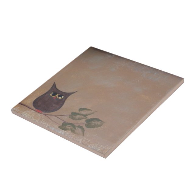 Primitive Folk Art Owl Acrylic Painting Tile (Side)