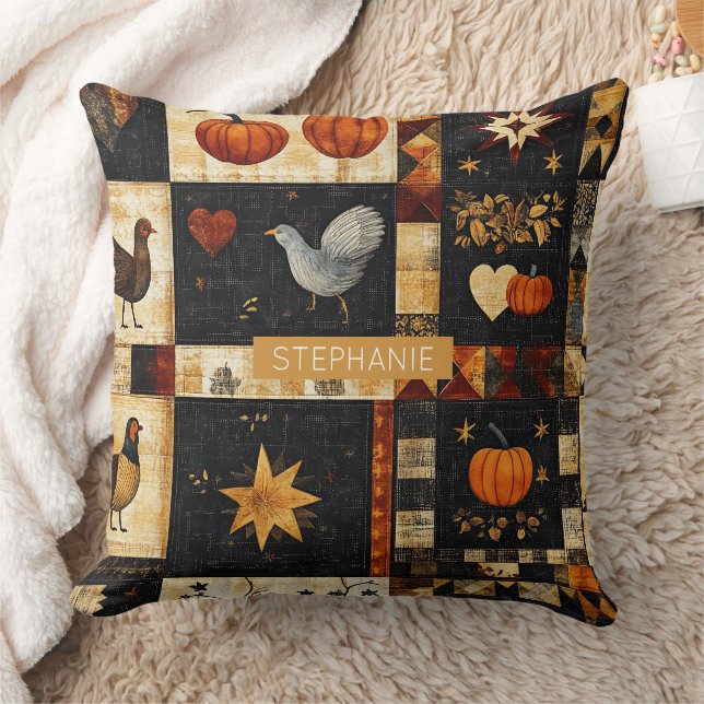 Primitive Folk Art Quilt Pattern | Rustic Autumn Cushion (Blanket)