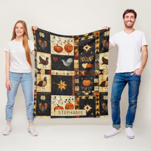 Primitive Folk Art Quilt Pattern Rustic Autumn Fleece Blanket