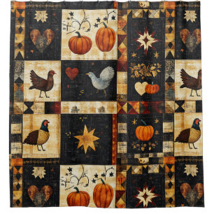 Primitive Folk Art Quilt Pattern   Rustic Autumn Shower Curtain