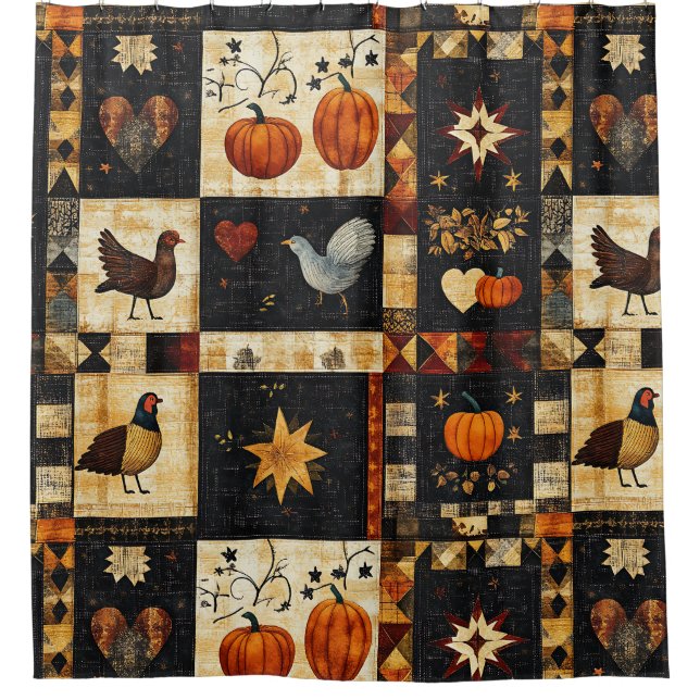 Primitive Folk Art Quilt Pattern | Rustic Autumn Shower Curtain (Front)