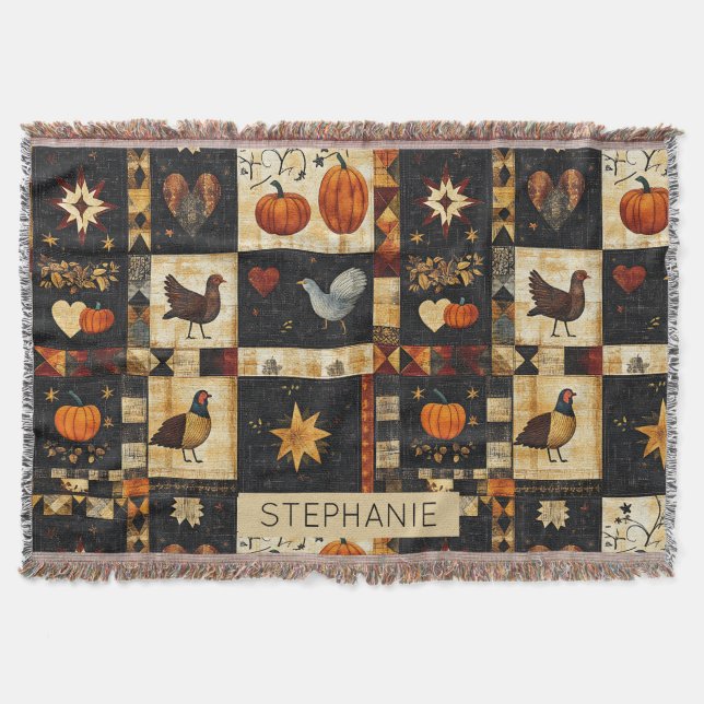 Primitive Folk Art Quilt Pattern | Rustic Autumn Throw Blanket (Front)