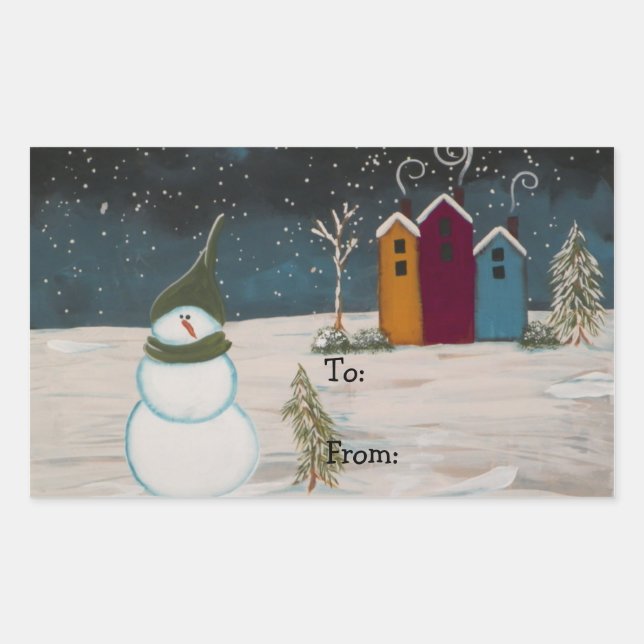 Primitive Folk Art Snowman Snow Scene Rectangular Sticker (Front)