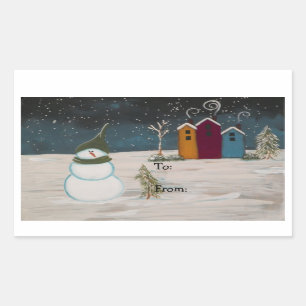 Primitive Folk Art Snowman Snow Scene Rectangular Sticker