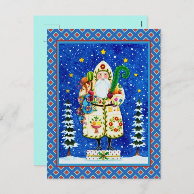 PRIMITIVE FOLKART BALTIMORE QUILT FATHER CHRISTMAS HOLIDAY POSTCARD (Front/Back)