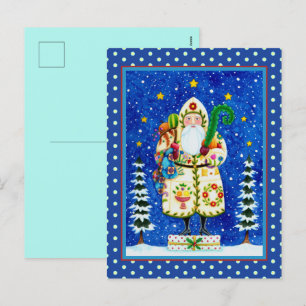 PRIMITIVE FOLKART BALTIMORE QUILT FATHER CHRISTMAS HOLIDAY POSTCARD