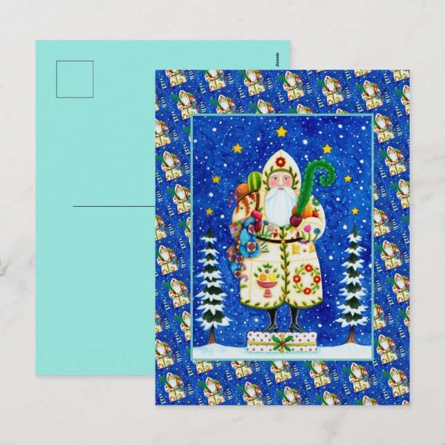 PRIMITIVE FOLKART BALTIMORE QUILT FATHER CHRISTMAS HOLIDAY POSTCARD (Front/Back)
