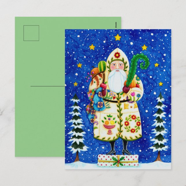 PRIMITIVE FOLKART BALTIMORE QUILT FATHER CHRISTMAS HOLIDAY POSTCARD (Front/Back)