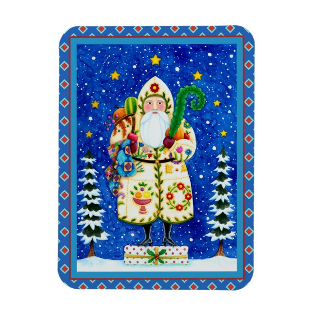 PRIMITIVE FOLKART BALTIMORE QUILT FATHER CHRISTMAS MAGNET (Vertical)