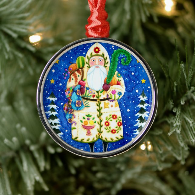 PRIMITIVE FOLKART BALTIMORE QUILT FATHER CHRISTMAS METAL TREE DECORATION (Tree)