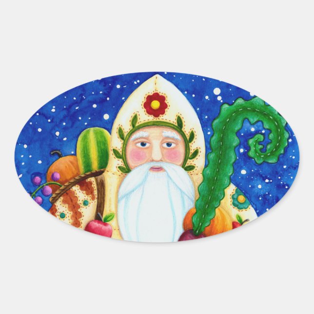 PRIMITIVE FOLKART BALTIMORE QUILT FATHER CHRISTMAS OVAL STICKER (Front)