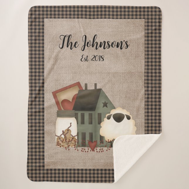 Primitive Green Saltbox Home With Sheep   Sherpa Blanket (Front)