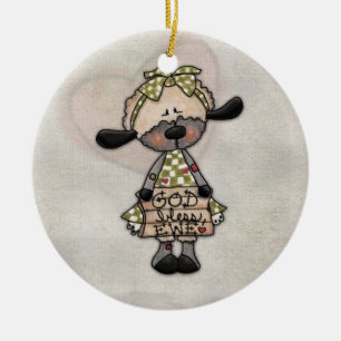 Primitive Lamb-God Bless Ewe Ceramic Tree Decoration