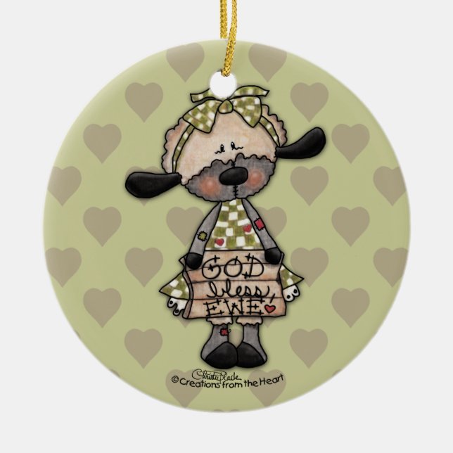 Primitive Lamb-God Bless Ewe Ceramic Tree Decoration (Front)