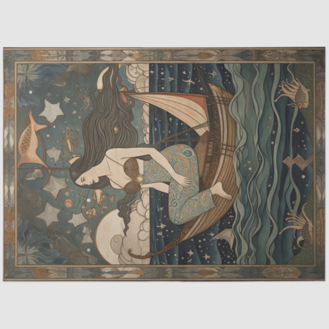 Primitive Mermaid In A Boat Painting Decoupage Tissue Paper (Front)